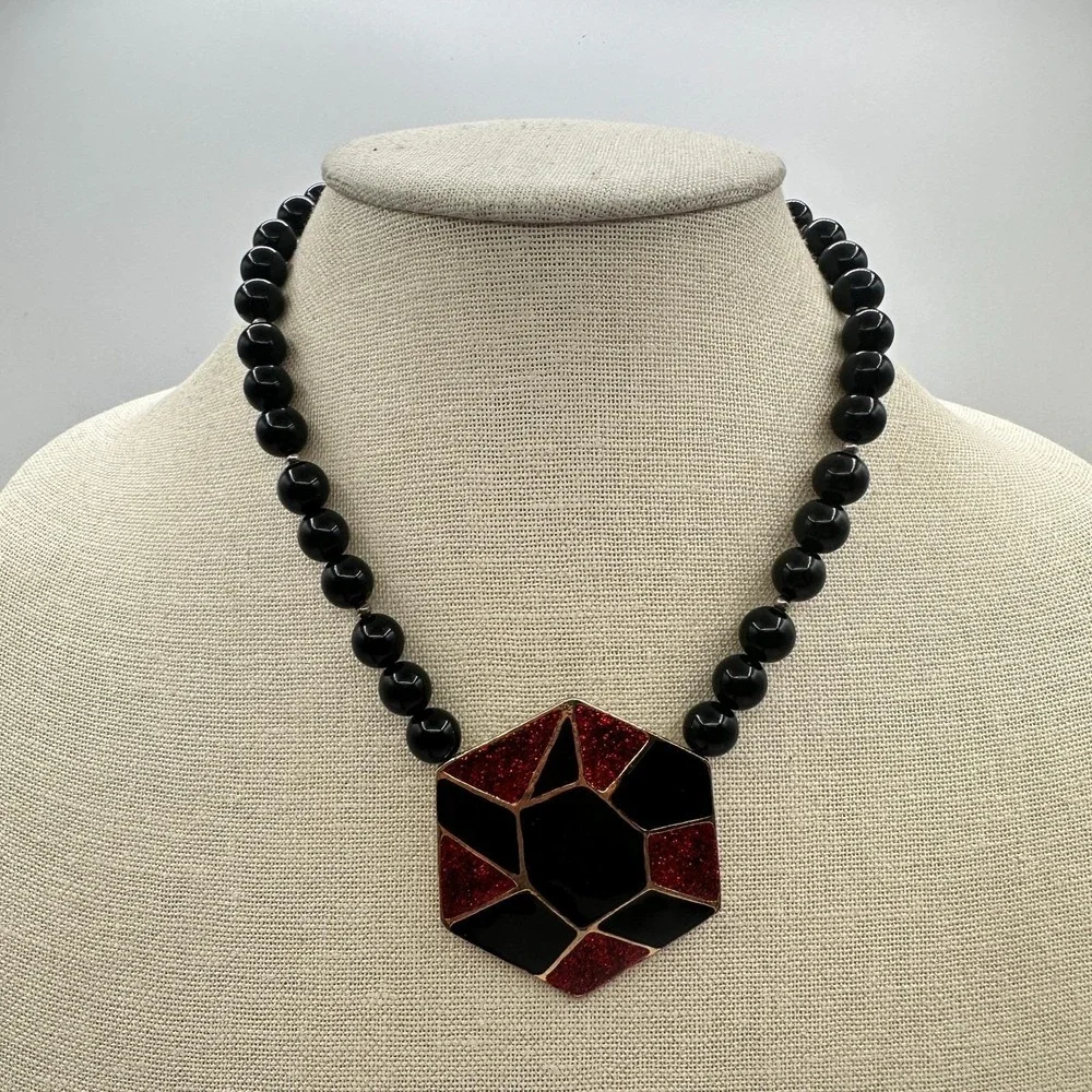 Vintage 80s‎ Hexagon Statement Necklace Black Red Glitter Enamel Fashion Jewelry